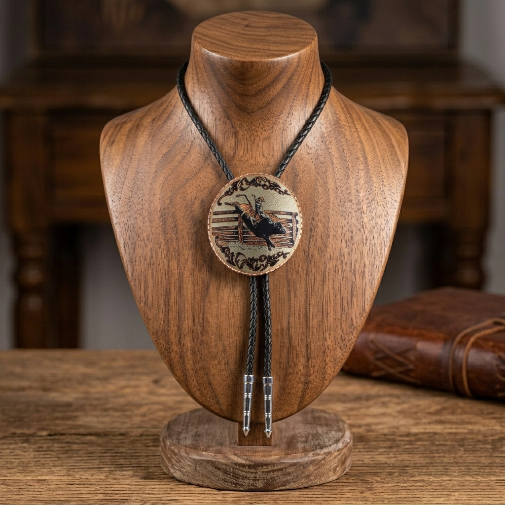 Western Rodeo Bull Riding Bolo Tie Etched Copper 40 inch Black Cord Made in USA