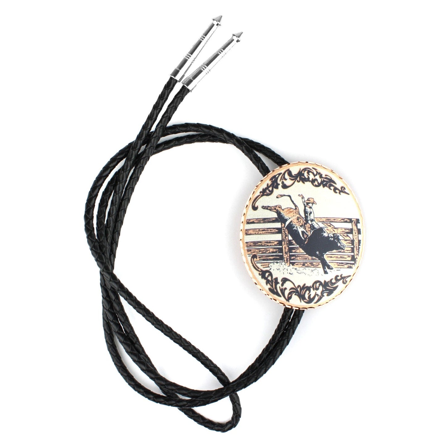 Western Rodeo Bull Riding Bolo Tie Etched Copper 40 inch Black Cord Made in USA