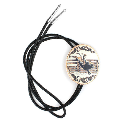 Western Rodeo Bull Riding Bolo Tie Etched Copper 40 inch Black Cord Made in USA