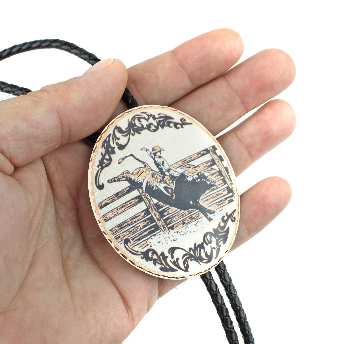 Western Rodeo Bull Riding Bolo Tie Etched Copper 40 inch Black Cord Made in USA