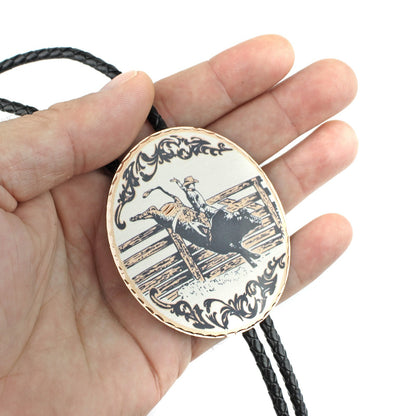 Western Rodeo Bull Riding Bolo Tie Etched Copper 40 inch Black Cord Made in USA
