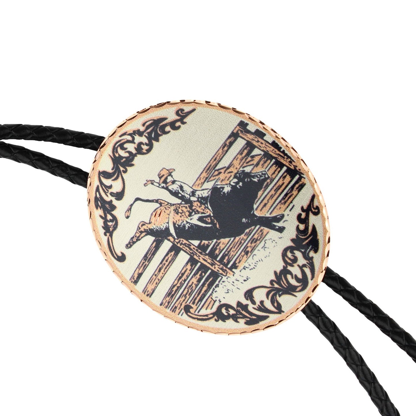 Western Rodeo Bull Riding Bolo Tie Etched Copper 40 inch Black Cord Made in USA
