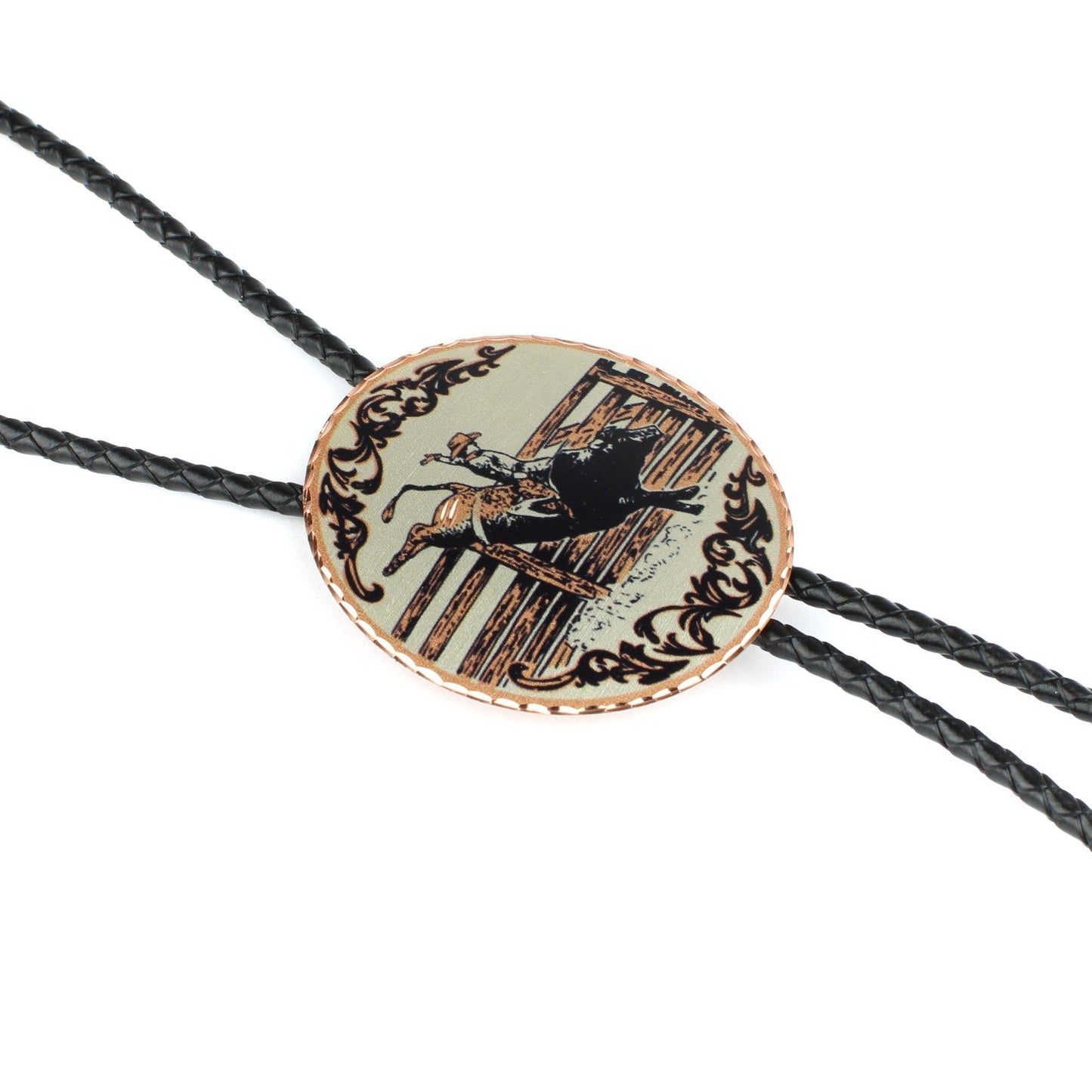 Western Rodeo Bull Riding Bolo Tie Etched Copper 40 inch Black Cord Made in USA