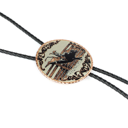 Western Rodeo Bull Riding Bolo Tie Etched Copper 40 inch Black Cord Made in USA