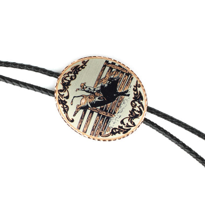 Western Rodeo Bull Riding Bolo Tie Etched Copper 40 inch Black Cord Made in USA