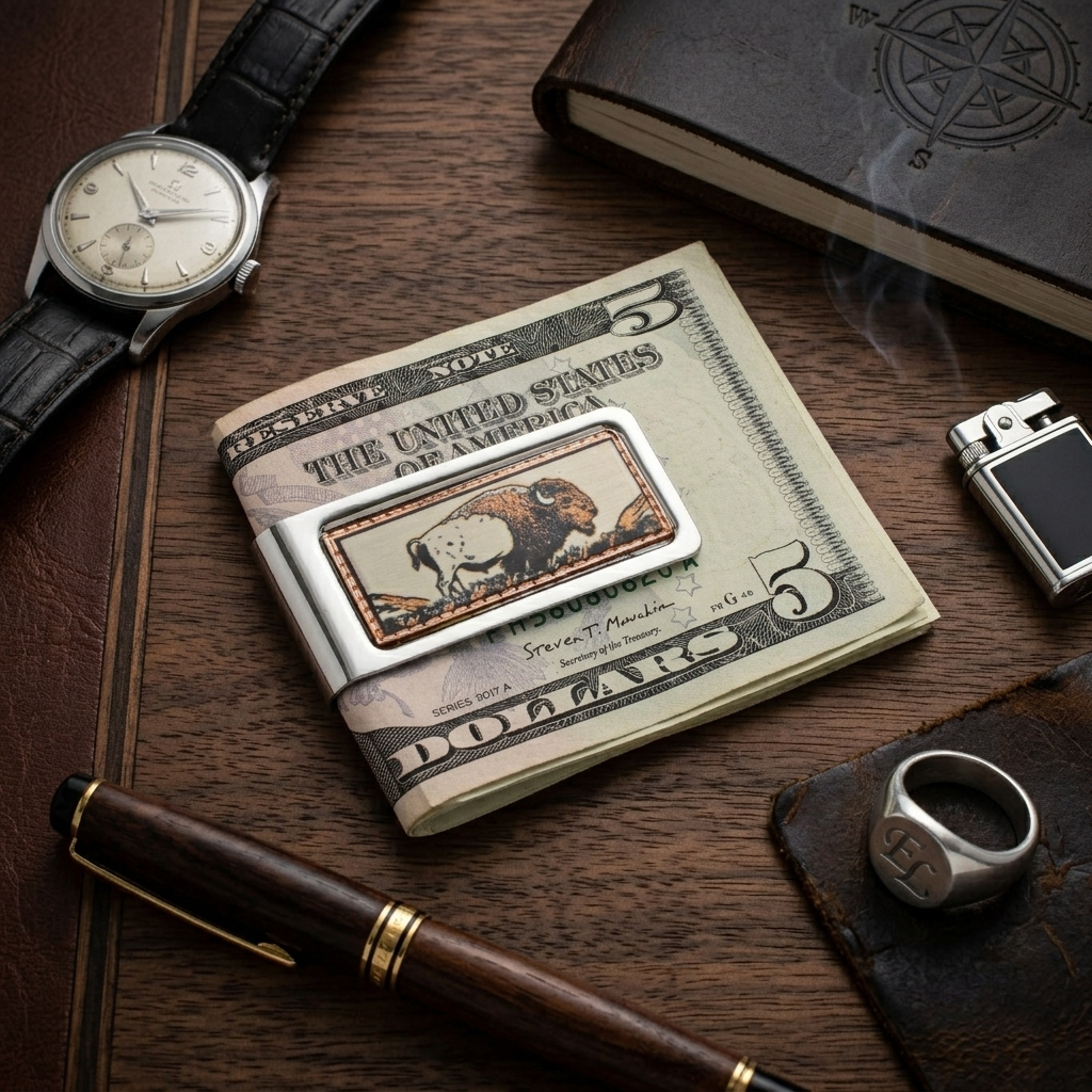Chrome Plated Metal Money Clip Etched Copper Buffalo Inlay 2 1/8 x 1 x 1/4 in