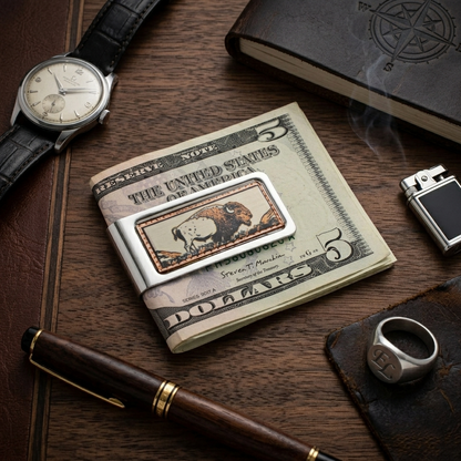 Chrome Plated Metal Money Clip Etched Copper Buffalo Inlay 2 1/8 x 1 x 1/4 in