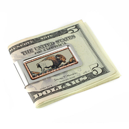 Chrome Plated Metal Money Clip Etched Copper Buffalo Inlay 2 1/8 x 1 x 1/4 in