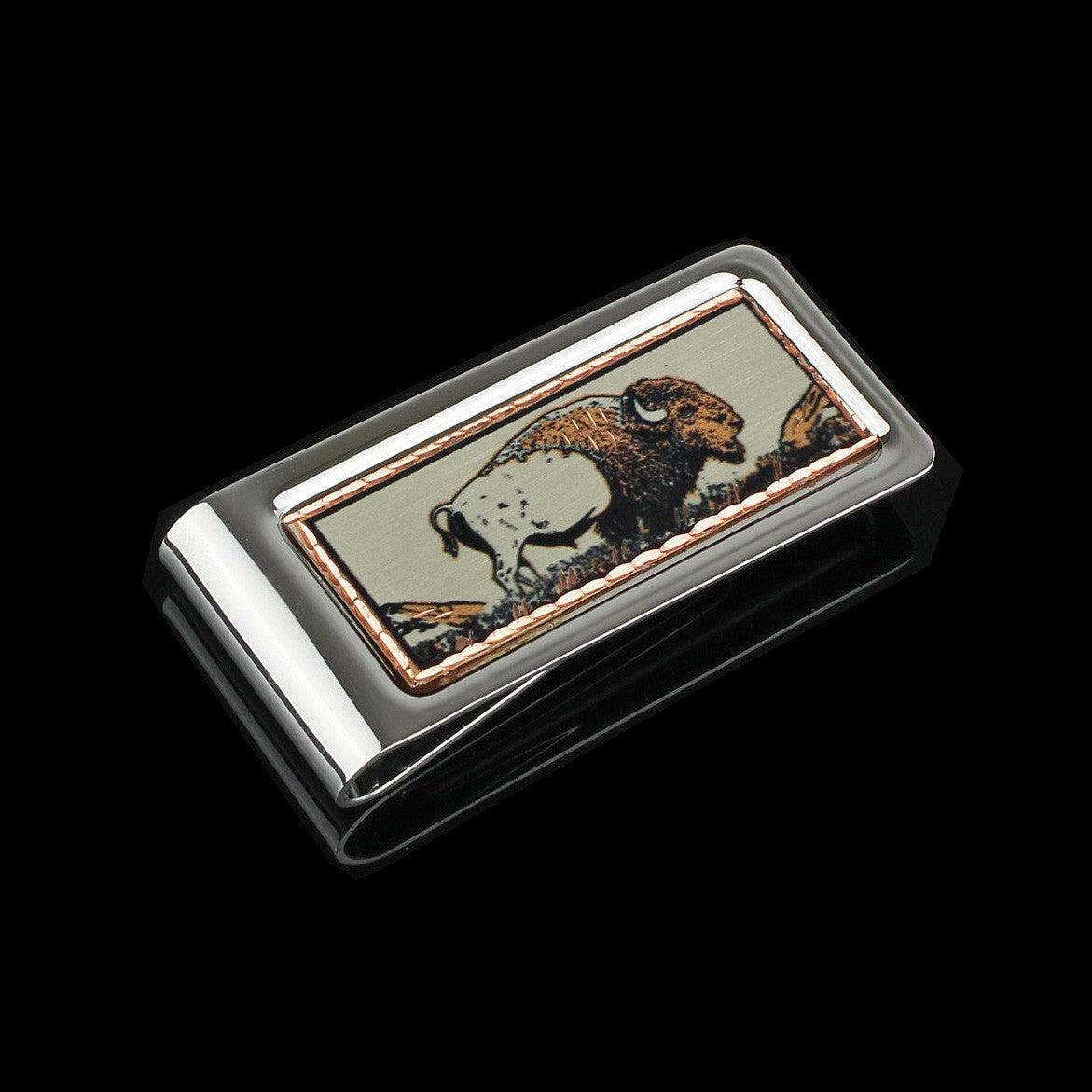 Chrome Plated Metal Money Clip Etched Copper Buffalo Inlay 2 1/8 x 1 x 1/4 in