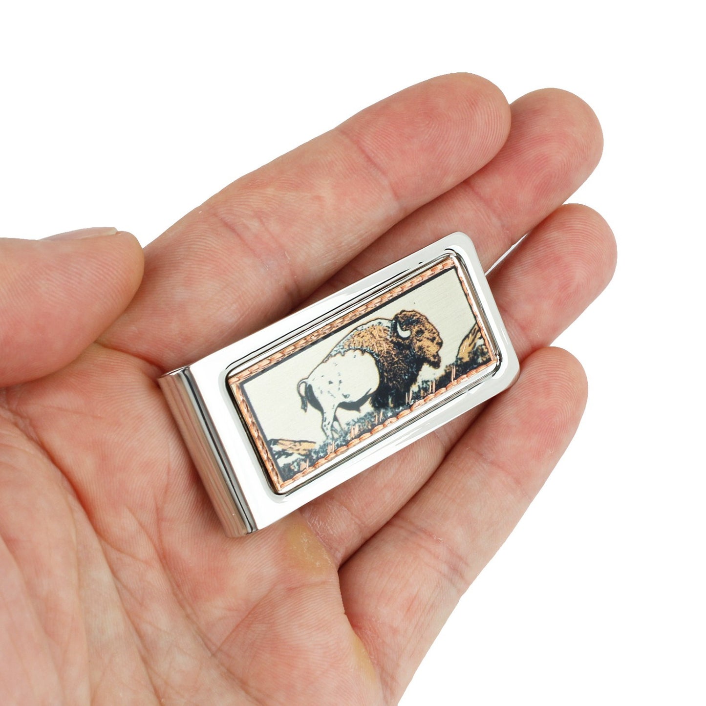 Chrome Plated Metal Money Clip Etched Copper Buffalo Inlay 2 1/8 x 1 x 1/4 in