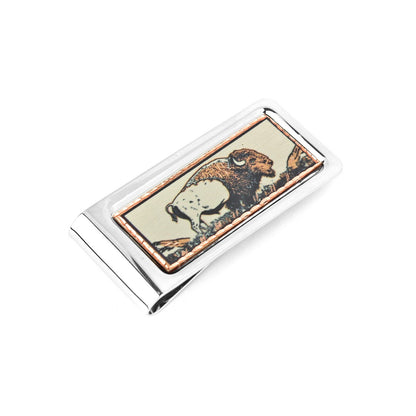 Chrome Plated Metal Money Clip Etched Copper Buffalo Inlay 2 1/8 x 1 x 1/4 in