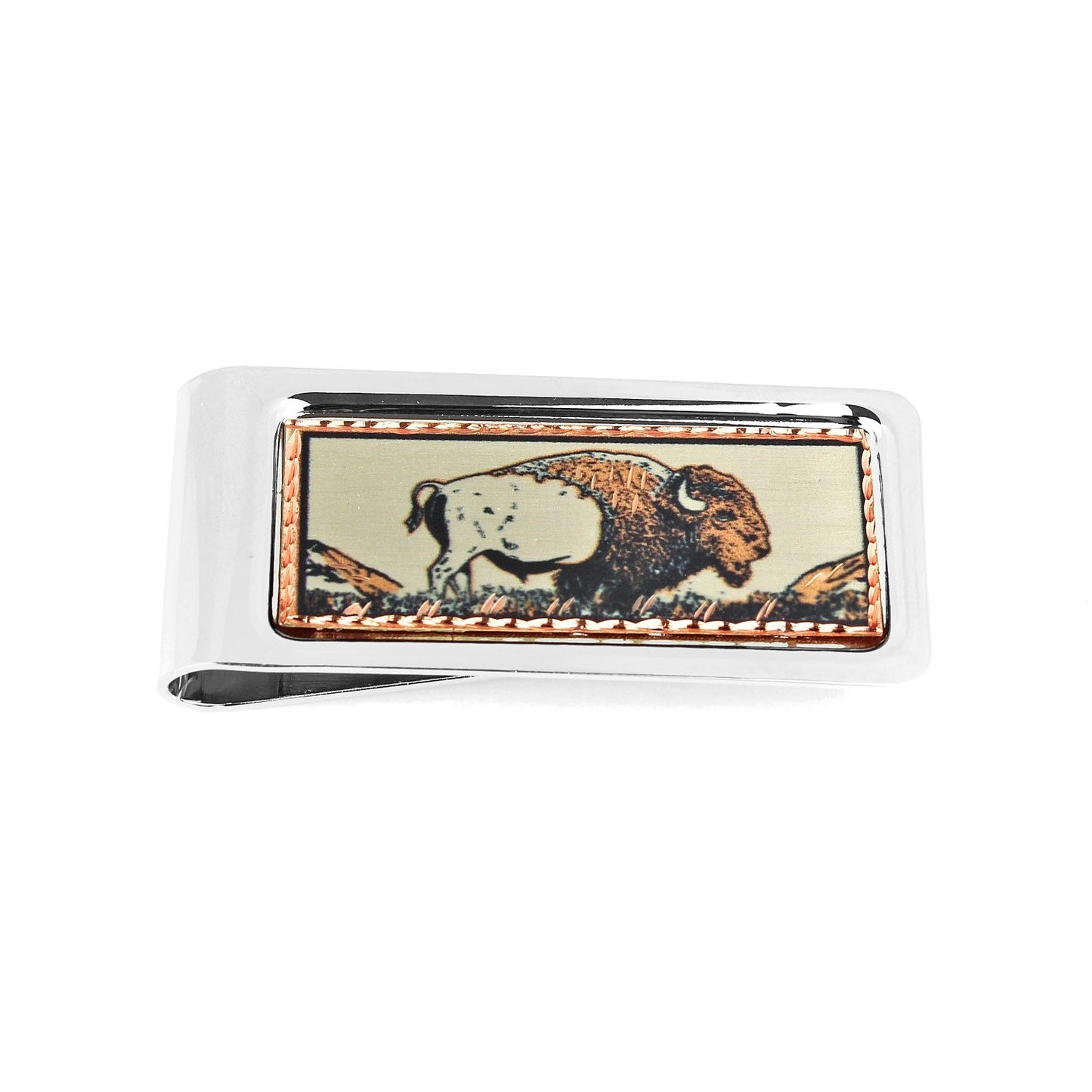 Chrome Plated Metal Money Clip Etched Copper Buffalo Inlay 2 1/8 x 1 x 1/4 in