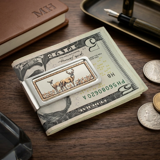 White Tailed Deer Money Clip Chrome Plated Metal Etched Copper Inlay Made in USA