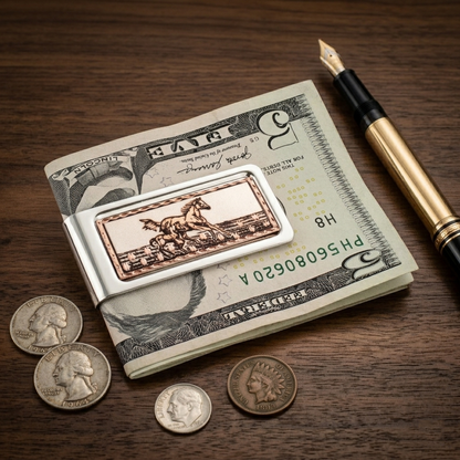 Running Horses Money Clip Chrome Plated Metal Etched Copper Inlay Made in USA