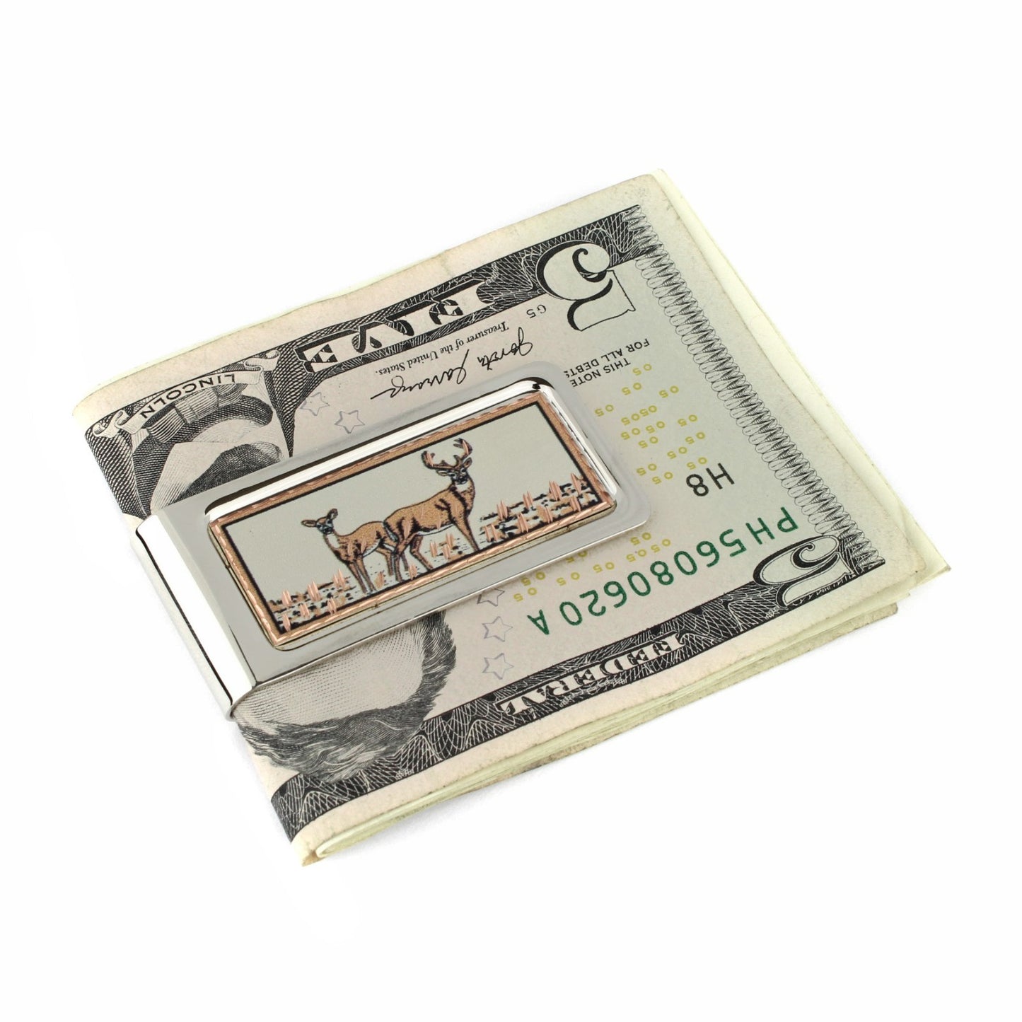 White Tailed Deer Money Clip Chrome Plated Metal Etched Copper Inlay Made in USA