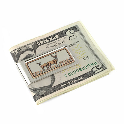White Tailed Deer Money Clip Chrome Plated Metal Etched Copper Inlay Made in USA