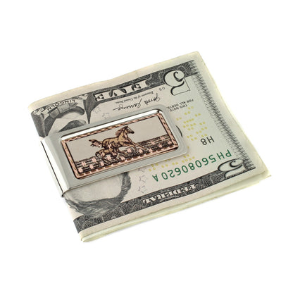 Running Horses Money Clip Chrome Plated Metal Etched Copper Inlay Made in USA