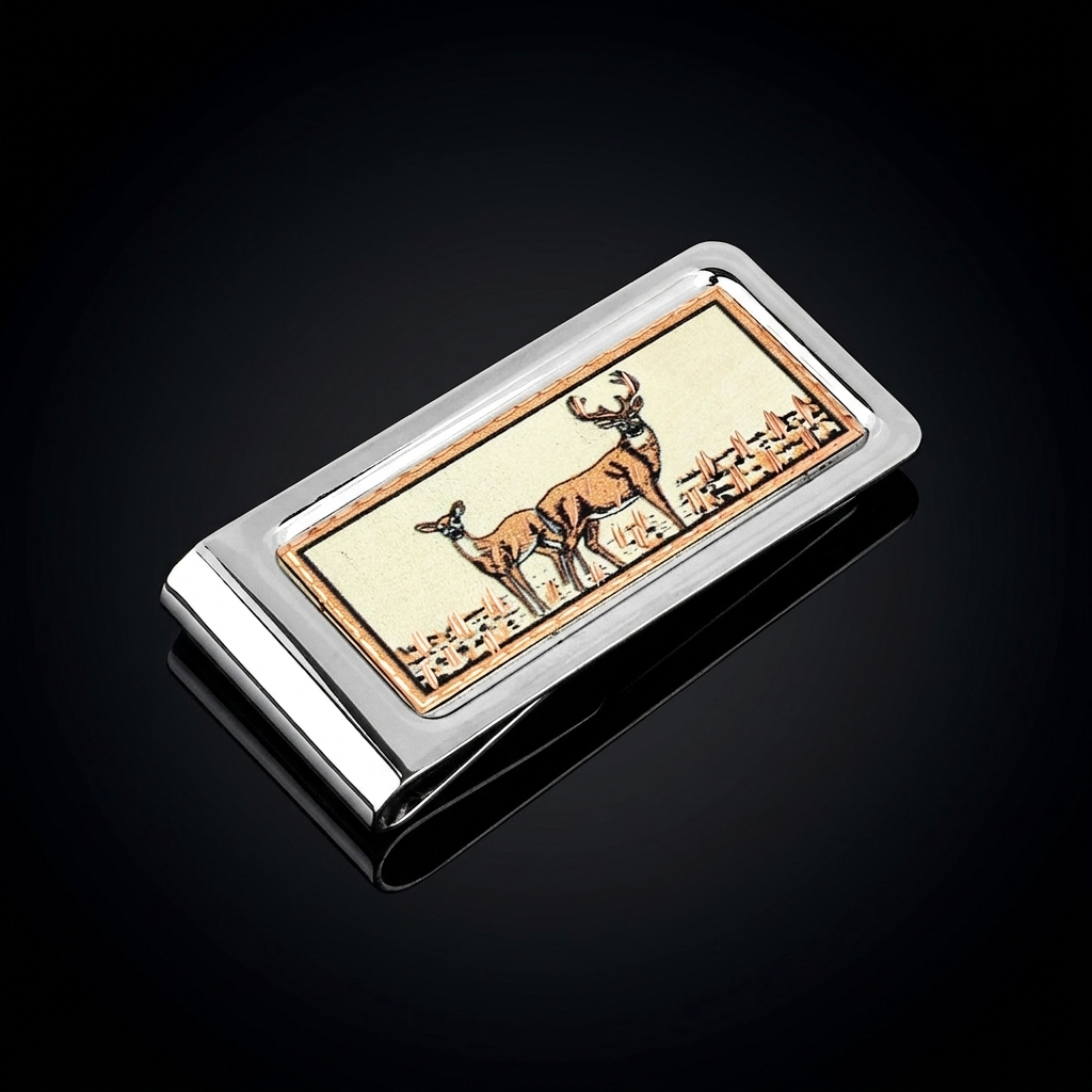 White Tailed Deer Money Clip Chrome Plated Metal Etched Copper Inlay Made in USA