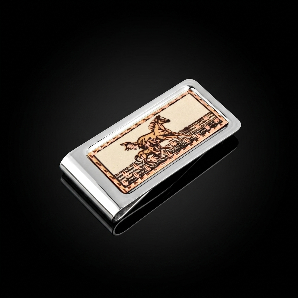Running Horses Money Clip Chrome Plated Metal Etched Copper Inlay Made in USA