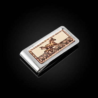 Running Horses Money Clip Chrome Plated Metal Etched Copper Inlay Made in USA