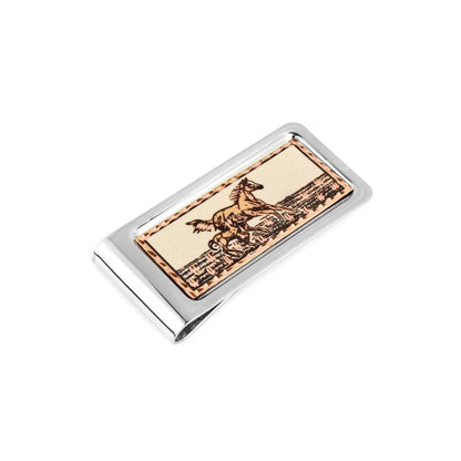 Running Horses Money Clip Chrome Plated Metal Etched Copper Inlay Made in USA