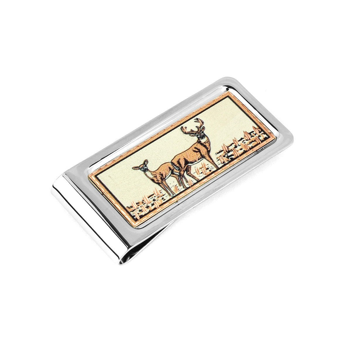 White Tailed Deer Money Clip Chrome Plated Metal Etched Copper Inlay Made in USA