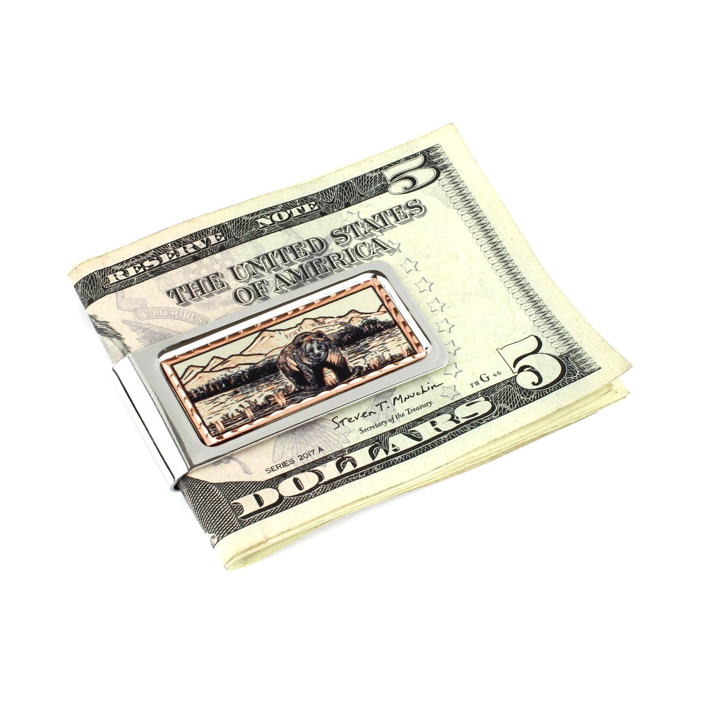 Grizzly Bear Money Clip Chrome Plated Metal Etched Copper Inlay Made in USA