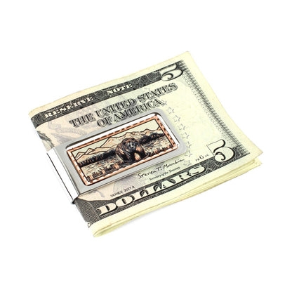Grizzly Bear Money Clip Chrome Plated Metal Etched Copper Inlay Made in USA