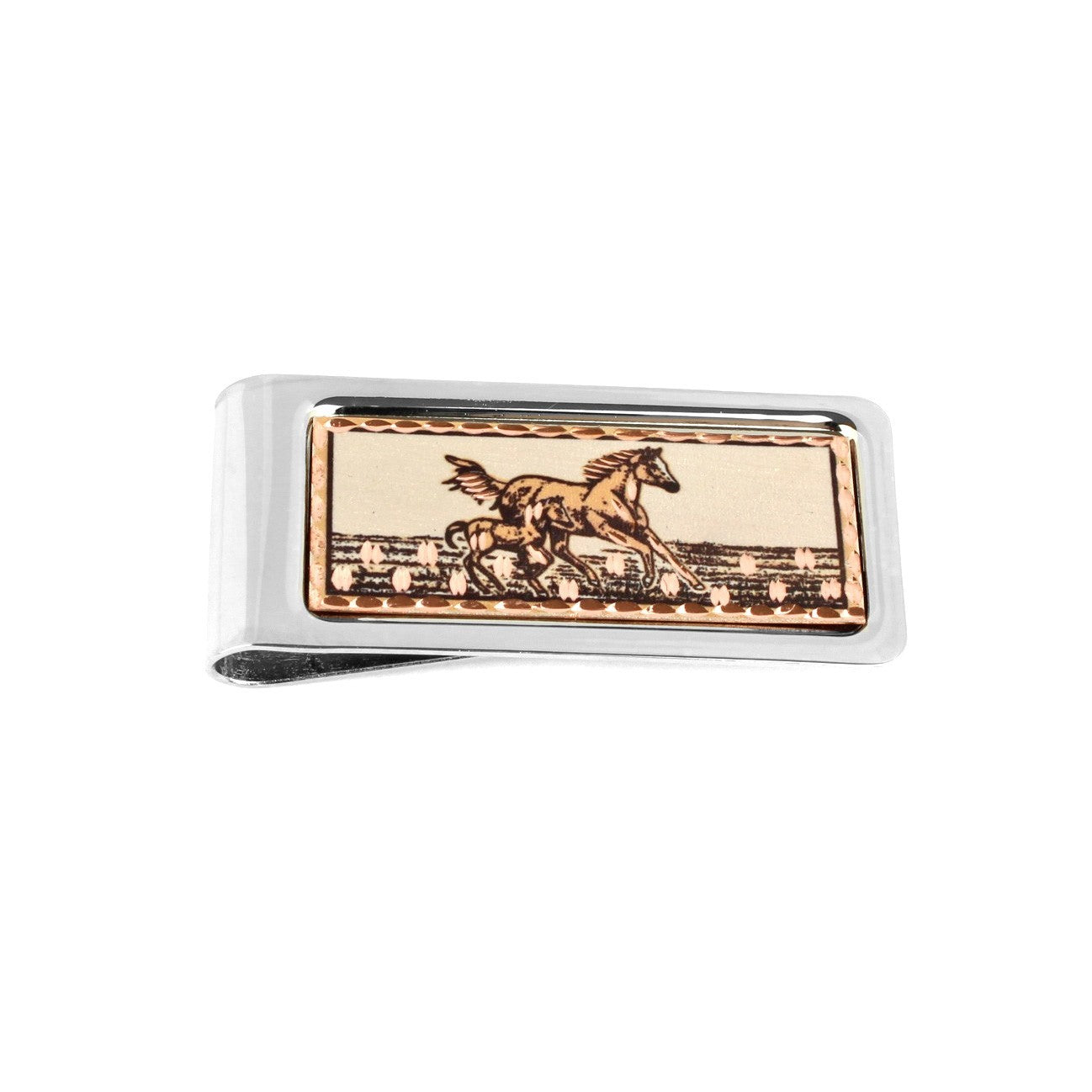 Running Horses Money Clip Chrome Plated Metal Etched Copper Inlay Made in USA