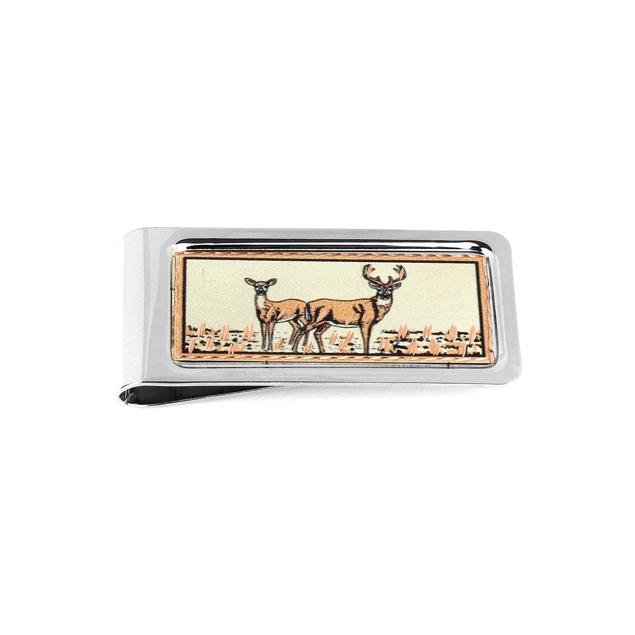 White Tailed Deer Money Clip Chrome Plated Metal Etched Copper Inlay Made in USA