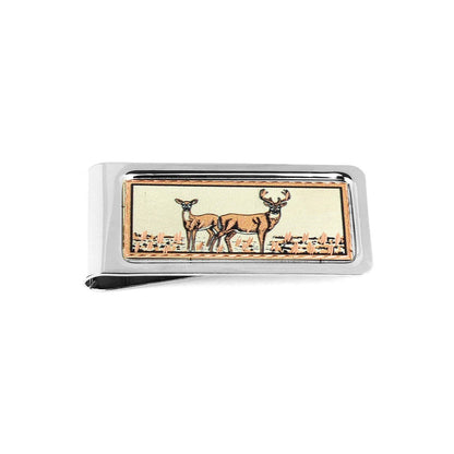 White Tailed Deer Money Clip Chrome Plated Metal Etched Copper Inlay Made in USA