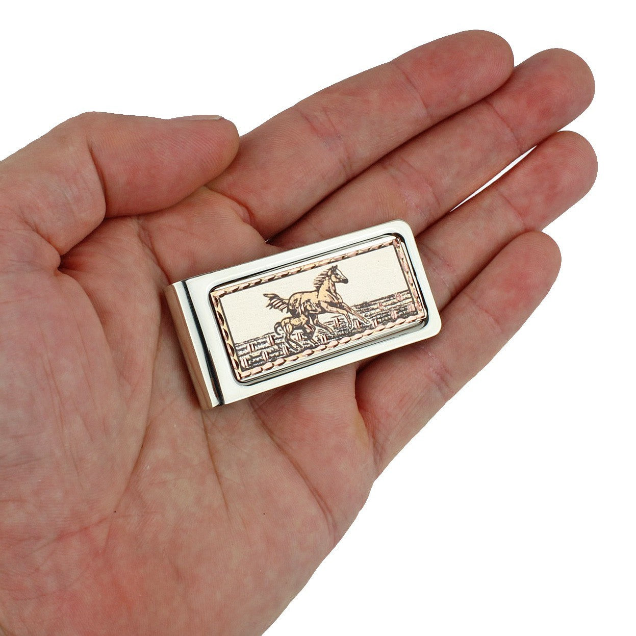 Running Horses Money Clip Chrome Plated Metal Etched Copper Inlay Made in USA