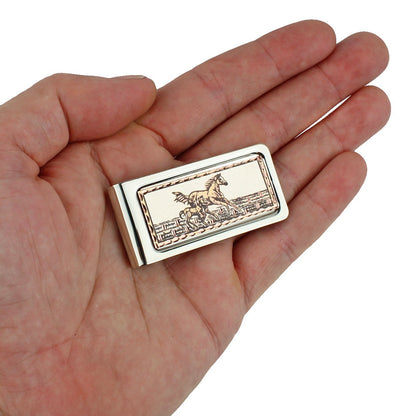 Running Horses Money Clip Chrome Plated Metal Etched Copper Inlay Made in USA