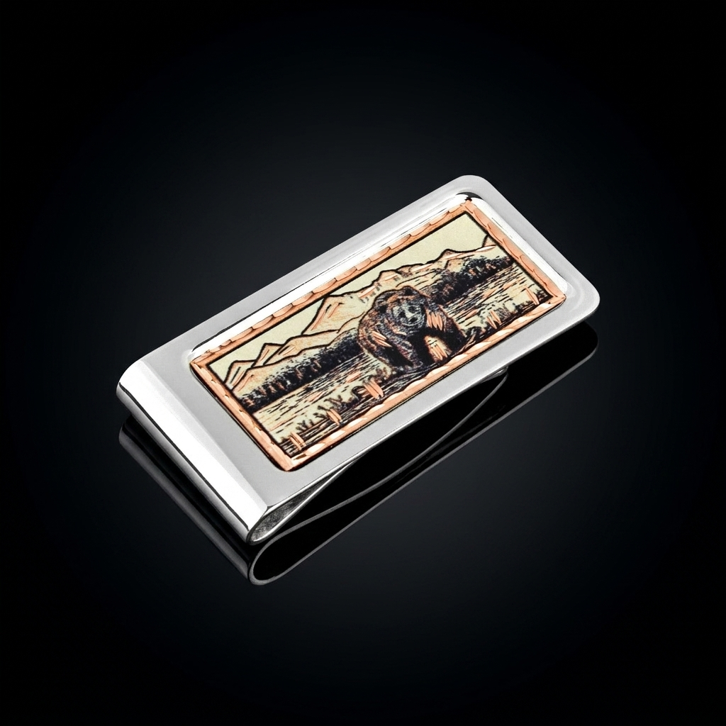 Grizzly Bear Money Clip Chrome Plated Metal Etched Copper Inlay Made in USA