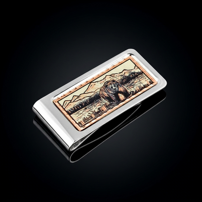 Grizzly Bear Money Clip Chrome Plated Metal Etched Copper Inlay Made in USA