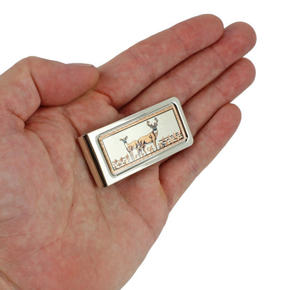 White Tailed Deer Money Clip Chrome Plated Metal Etched Copper Inlay Made in USA