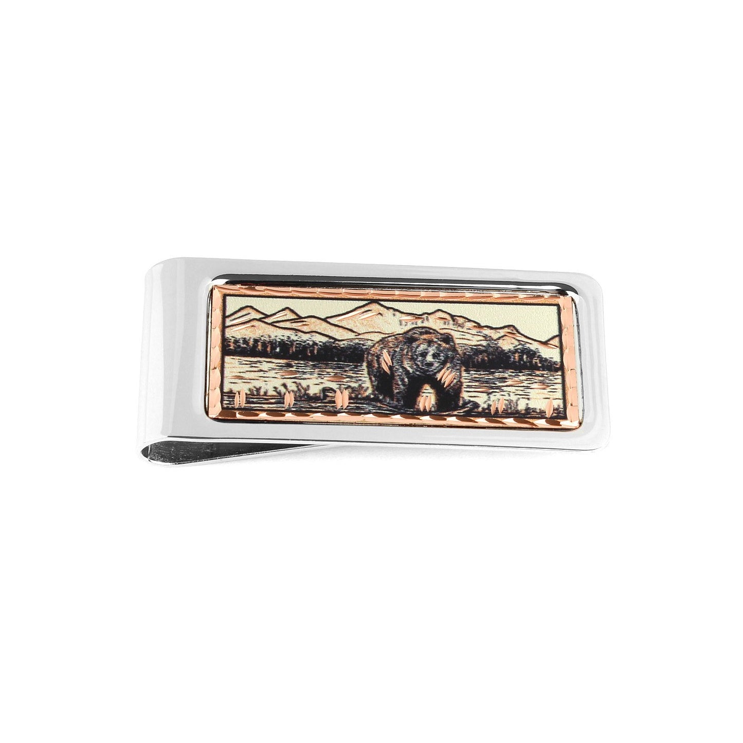 Grizzly Bear Money Clip Chrome Plated Metal Etched Copper Inlay Made in USA