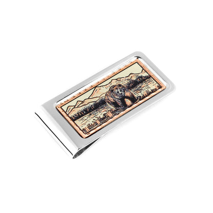 Grizzly Bear Money Clip Chrome Plated Metal Etched Copper Inlay Made in USA