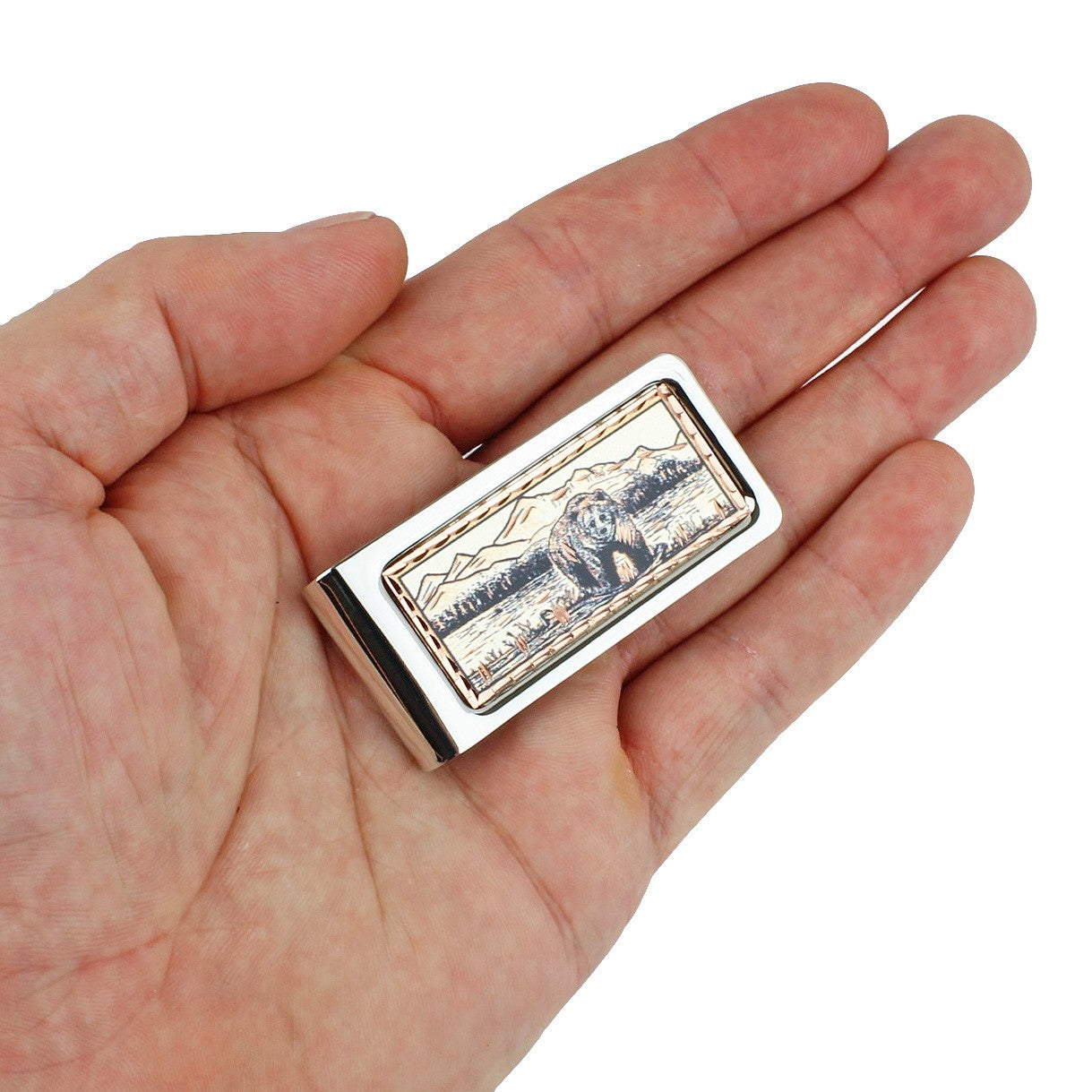 Grizzly Bear Money Clip Chrome Plated Metal Etched Copper Inlay Made in USA