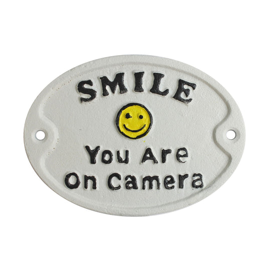 Cast Iron Smile You Are On Camera Sign Security Video Surveillance Plaque 4 3/4"