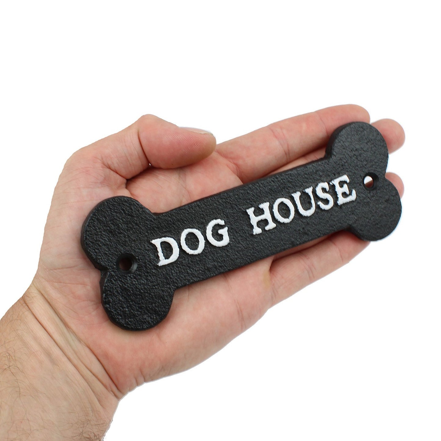 Small Cast Iron DOG HOUSE Bone Shape Metal Wall Plaque Sign Decor Black 5 7/8 in
