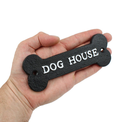 Small Cast Iron DOG HOUSE Bone Shape Metal Wall Plaque Sign Decor Black 5 7/8 in