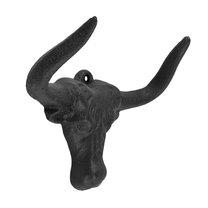 Cast Iron Bull Longhorn Skull Double Wall Hook Western Coat Key Towel Hanger 5"