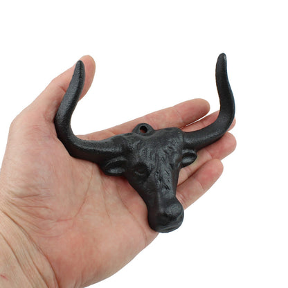Cast Iron Bull Longhorn Skull Double Wall Hook Western Coat Key Towel Hanger 5"