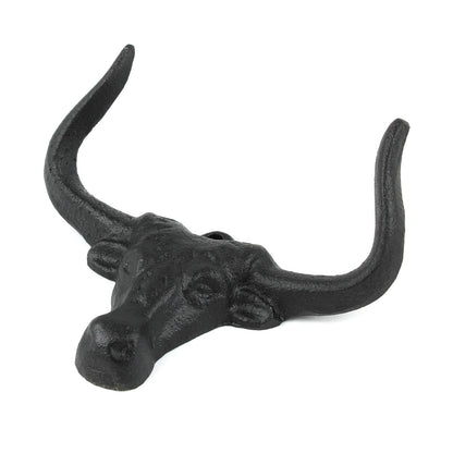 Cast Iron Bull Longhorn Skull Double Wall Hook Western Coat Key Towel Hanger 5"