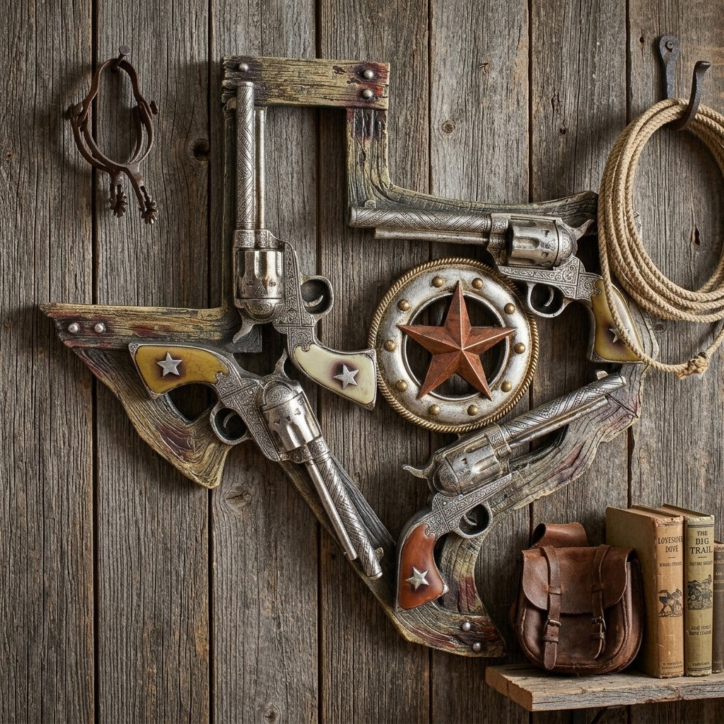 Texas State Map Wall Decor Western Revolver Pistol Star Rustic Accent 18 inch