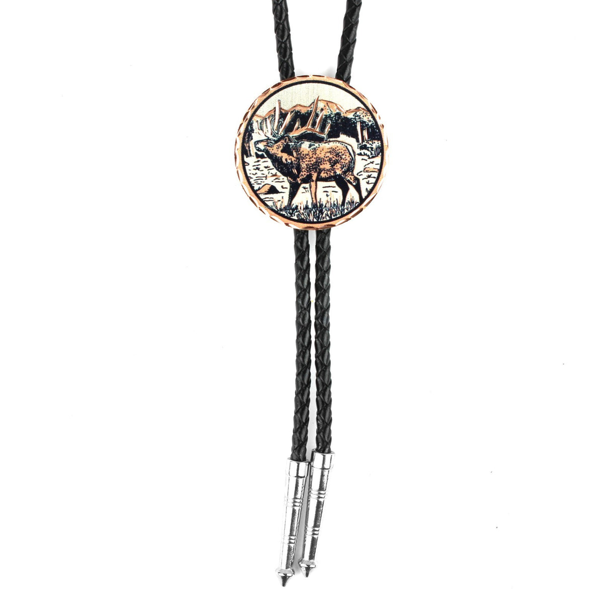Round Western Elk Bull Buck Bolo Tie 40" Black Cord Etched Copper Made in USA