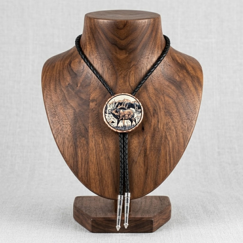 Round Western Elk Bull Buck Bolo Tie 40" Black Cord Etched Copper Made in USA