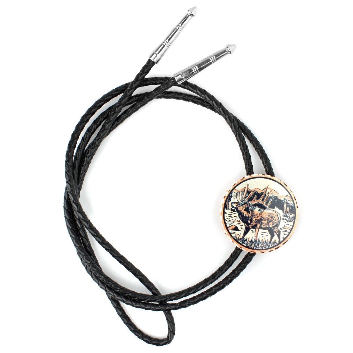 Round Western Elk Bull Buck Bolo Tie 40" Black Cord Etched Copper Made in USA