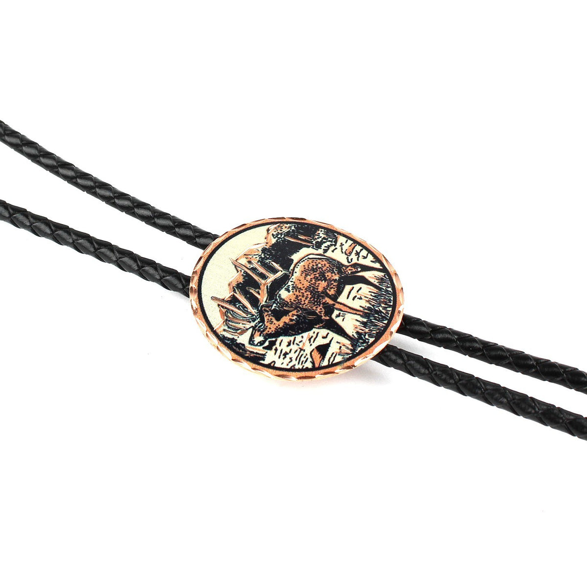 Round Western Elk Bull Buck Bolo Tie 40" Black Cord Etched Copper Made in USA